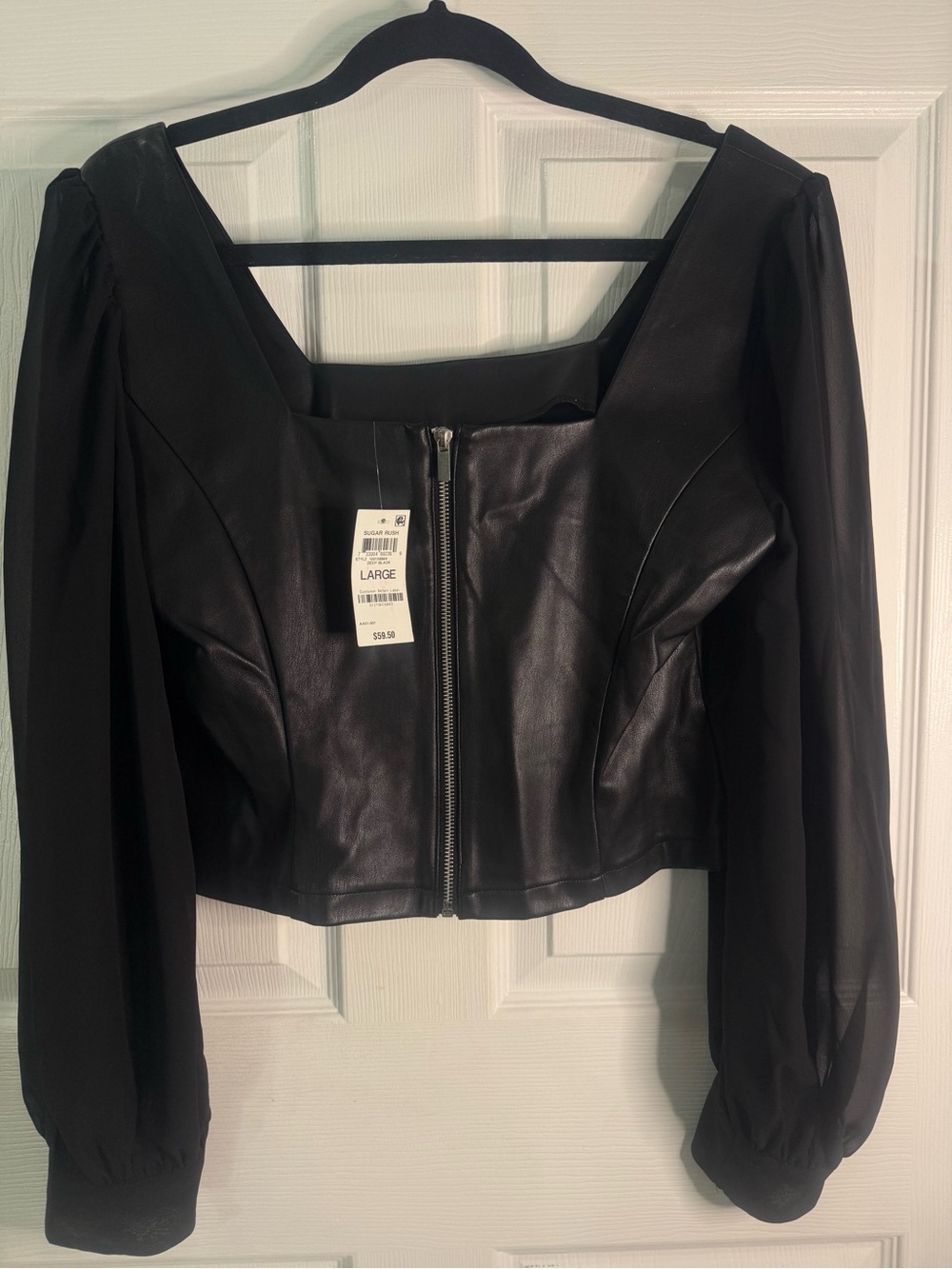 Black Faux Leather Zip-Front Crop Blouse with Sheer Puff Sleeves
